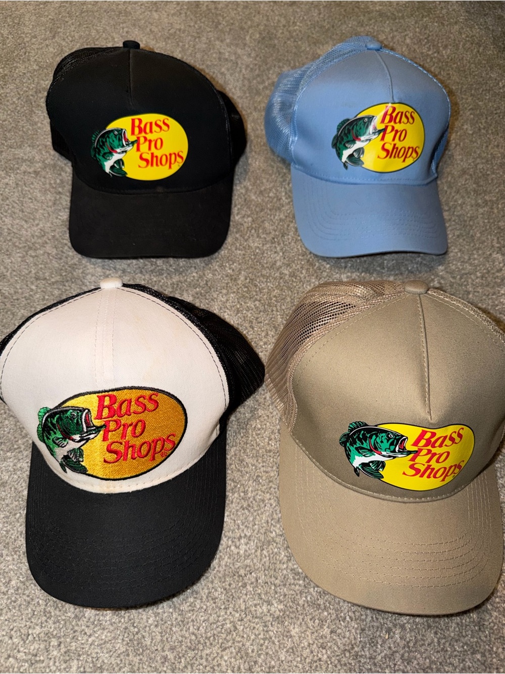 Bass Pro Shops Trucker Hat Lot in Black, Light Blue, White, and Tan